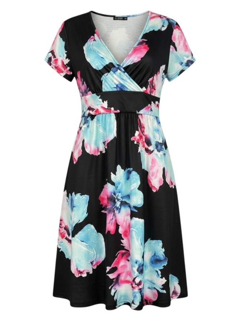 Ouges Womens Floral A-Line Wrap Dress XXL Black With Pink & Blue Flowers NWT